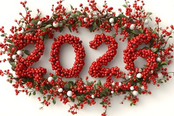 Festive 2024 Red Berry Wreath on White Background