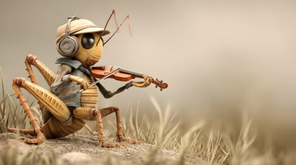 Whimsical Grasshopper Musician Playing Violin with Headphones