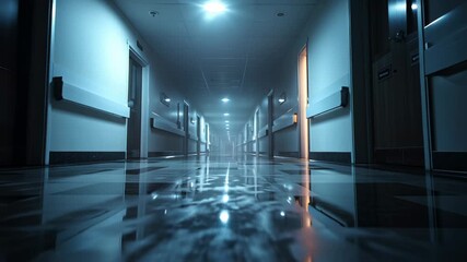 Mysterious hospital corridor with flickering lights creates suspenseful atmosphere for horror or thriller movie scene backgrounds and compelling medical dramas