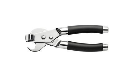 Modern stainless steel can opener with black handles isolated on  white background