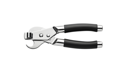 Modern stainless steel can opener with black handles isolated on  white background