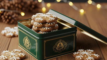 Gingerbread cookies in a green tin box decorated with snowflakes for holiday celebrations
