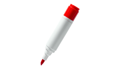 A red-tipped marker, cylindrical white body, cap on top, angled for writing on a black background