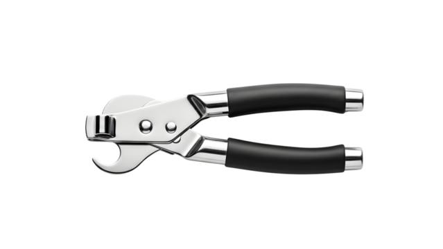 Modern stainless steel can opener with black handles isolated on  white background