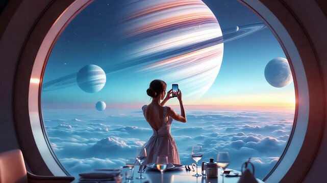 indian tourist photographing giant ringed planet through porthole