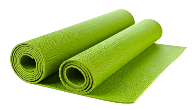 Two rolled-up and unrolled vibrant green exercise mats, isolated on a black background