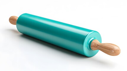 Modern Teal Rolling Pin with Wooden Handles on White Background