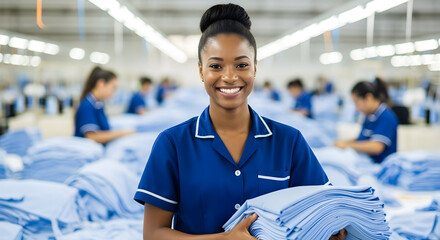 Smiling young woman in blue uniform holding stack of folded laundry in a factory setting