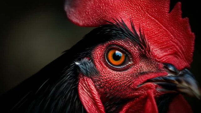 Close-up of a roosters head with a red comb and wattles, showcasing its intense gaze and detailed features against a dark background.