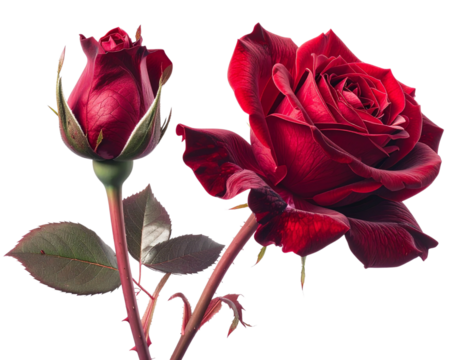 Two artistic red rose bud variations isolated on transparent background