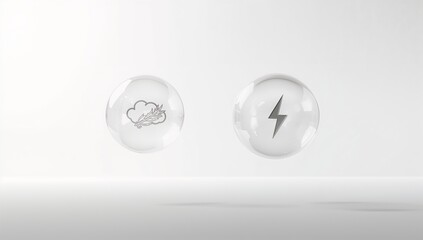 "Transparent spheres with feather cloud and lightning symbols representing balance"