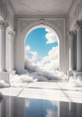 Fototapeta premium Majestic White Architectural Structure with Archway, Columns, and Clouds - Dreamlike Scene.