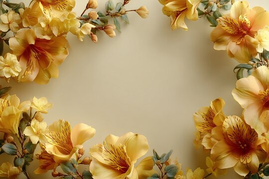 Rustic and chic watercolor botanical corner border for wedding invitations with golden yellow ranunculus, and delicate butter yellow background