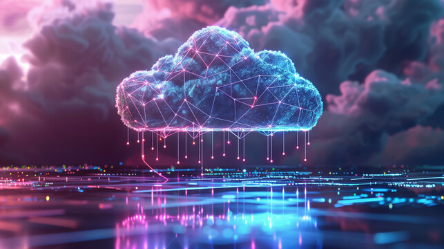 Ilustra&ccedil;&atilde;o futurista de nuvem digital conectada por circuitos e luzes, representando computa&ccedil;&atilde;o em nuvem, tecnologia avan&ccedil;ada, dados, inova&ccedil;&atilde;o e infraestrutura digital moderna