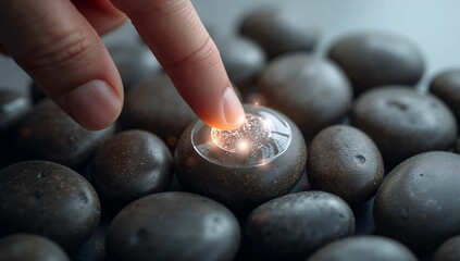 "Finger activating glowing holographic interface on polished black stone"