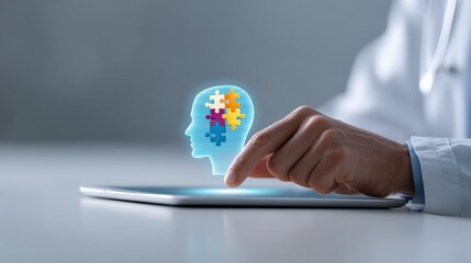 Doctor's hand touching a digital human head silhouette with colorful jigsaw puzzle pieces on a tablet, symbolizing mental health, therapy, autism diagnosis, and psychological well being