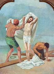 Selbstklebende Fototapeten Jesus Christus Sebechleby - The painting Jesus is stripped of his clothes as part of Cross way stations in St. Michael parish church by unkonwn artist from beginn of 20. cent.  © Renáta Sedmáková