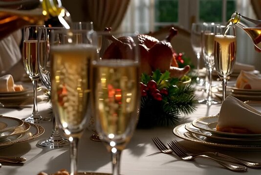 Pouring champagne into flutes on a festive table setting with decorative lights and dinnerware set up