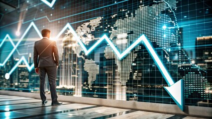 Businessman Observing Global Financial Decline on Digital Board