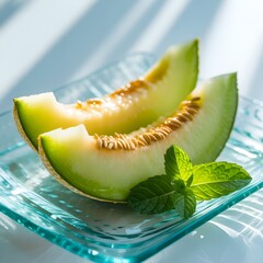 Fresh sliced honeydew melon with vibrant mint leaves on plate.