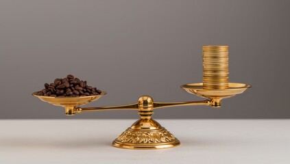 "Golden balance scale weighing coffee beans against gold coins concept"