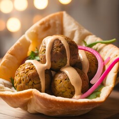 Fresh falafel pita sandwich with tahini sauce and pickled onions