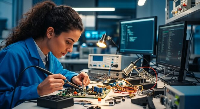 Female computer engineer working on circuit board in modern lab, concept of Computer Scientist Day   - Powered by Adobe