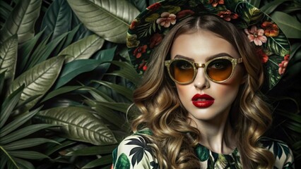 Elegant Woman in Floral Hat and Sunglasses Amidst Lush Greenery