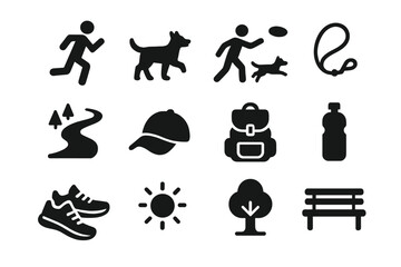 Obraz premium Active Lifestyle Icons. Active Lifestyle with Dog. Solid icon set of runner, dog, frisbee, leash, trail, hat, backpack, water bottle, sneakers, sun, tree, park