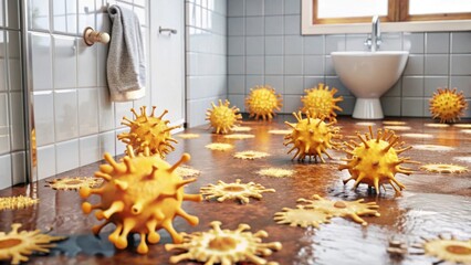 Surreal Bathroom Scene with Virus Models on Floor