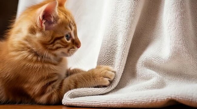 Playful ginger kitten peeks curiously from behind a soft white towel, ready to pounce in a heartwarming moment of feline fun