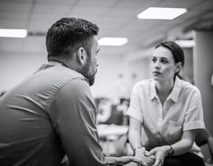 Striking black white photo captures intense focus connection between two people. Excellent for illustrating therapy, support, conflict resolution, interpersonal dynamics.