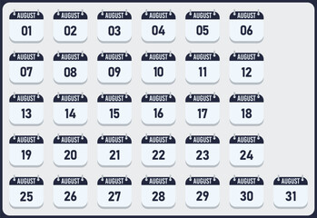 Vector illustration of a calendar grid showing the thirty-one days of the month of August.