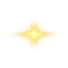 Yellow star glows with sparkling gold light. PNG. Small glittering stars and dust swirl in circular patterns. Radiant light beams radiate outward, creating luminous halo.