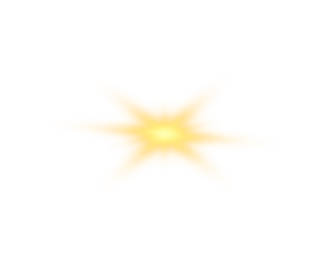 Yellow star glows with sparkling gold light. PNG. Small glittering stars and dust swirl in circular patterns. Radiant light beams radiate outward, creating luminous halo.