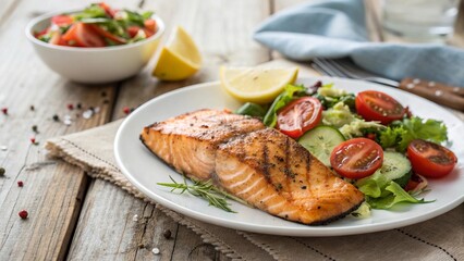 Fried Salmon Steak with Vegetables on Wooden Table - 3