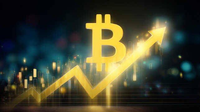 Conceito financeiro com s&iacute;mbolo do bitcoin em destaque sobre gr&aacute;fico crescente azul, ilustrando valoriza&ccedil;&atilde;o, investimento em criptomoedas e alta no mercado financeiro digital