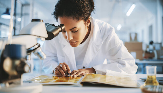 Focused scientist in lab coat meticulously examines cells under a microscope. Symbol of discovery, research, innovation  precision. Ideal for science, tech, or medical themes.