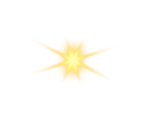 Yellow star glows with radiant gold light. PNG. Sparkling dust particles and tiny stars hover in the background. Soft light beams shine and scatter around the star.