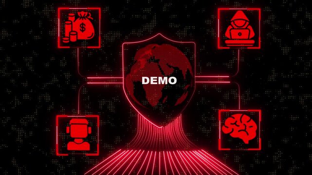 glowing neon Business Product Demo and Technology Showcase Background Futuristic Neon Shield with Demo Presentation Concept Innovation, Marketing. Businessman a Demo on a projection. 4k video.