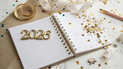 Gold 2026 Numbers on Open Notebook with Festive Confetti - 5