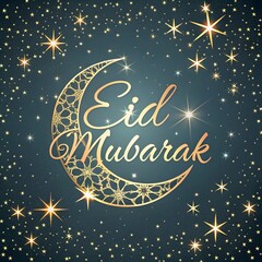 Elegant Eid Mubarak celebration graphic with golden moon and sparkling stars for joyful festive greetings and modern digital marketing campaigns