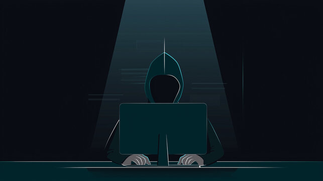 Dark cybercrime illustration showing a hooded hacker working at a computer, representing online threats, cybersecurity risks, data breaches and digital protection concepts