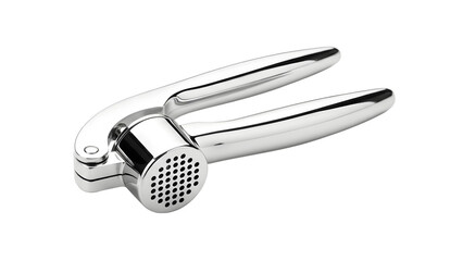 Shiny metal garlic press kitchen utensil isolated on White background