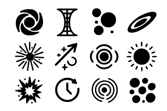 Cosmic Phenomena Icons. Cosmic phenomena. Solid icon set of Cosmic phenomena: black hole, wormhole, dark matter, quasar, gamma burst, cosmic ray, gravitational