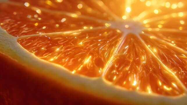 Vibrant citrus fruit slice glows with intense, warm light and sparkling highlights