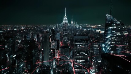 Dark, aerial view of a futuristic city at night with glowing red lines connecting buildings - Powered by Adobe