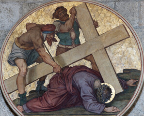 BAD REICHENHALL, GERMANY - SEPTEMBER 8, 2025: The fresco Fall of Jesus (cross way station) in the church St. Nikolaus kirche by Moritz von Schwind (1862). 