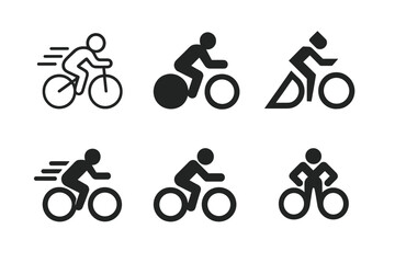 Obraz premium Cyclist Logo Variations. Person on bicycle. Icon set. Set Logo of person on bicycle: cyclist pedaling forward with dynamic motion lines. harmonious logo