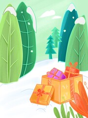 Cartoon Winter Festival Gift Flat Design Mountain Forest Landscape